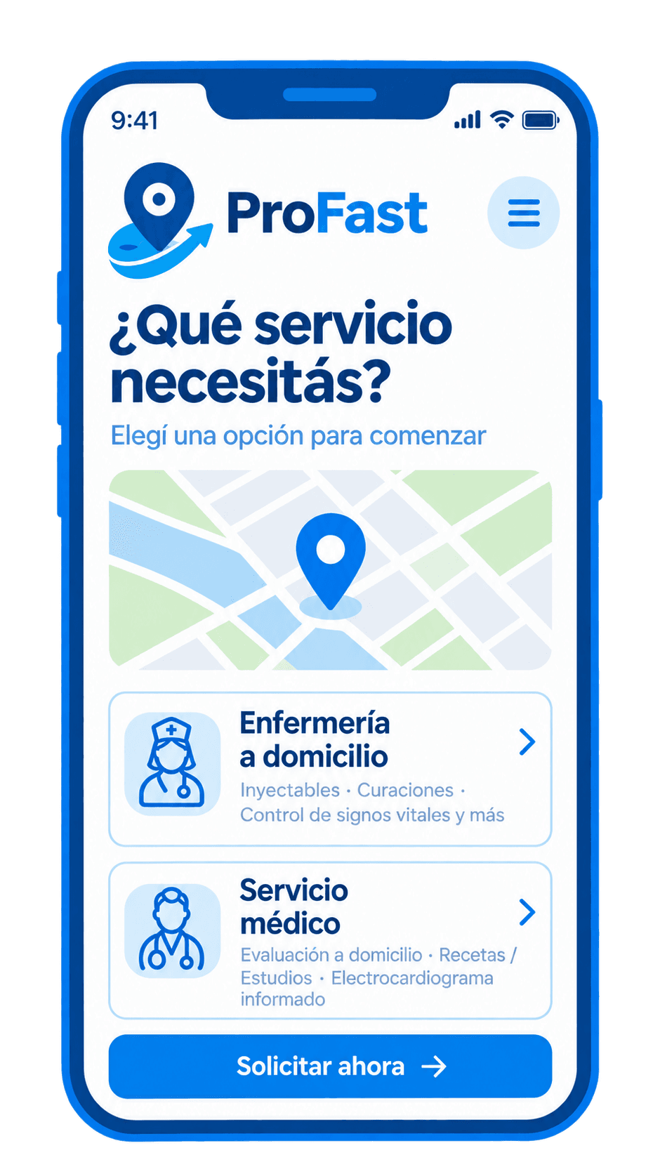 Pantalla de la app ProFast para elegir un servicio de salud a domicilio